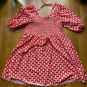 Ava & Viv Red Cream retro pattern balloon sleeve dress
